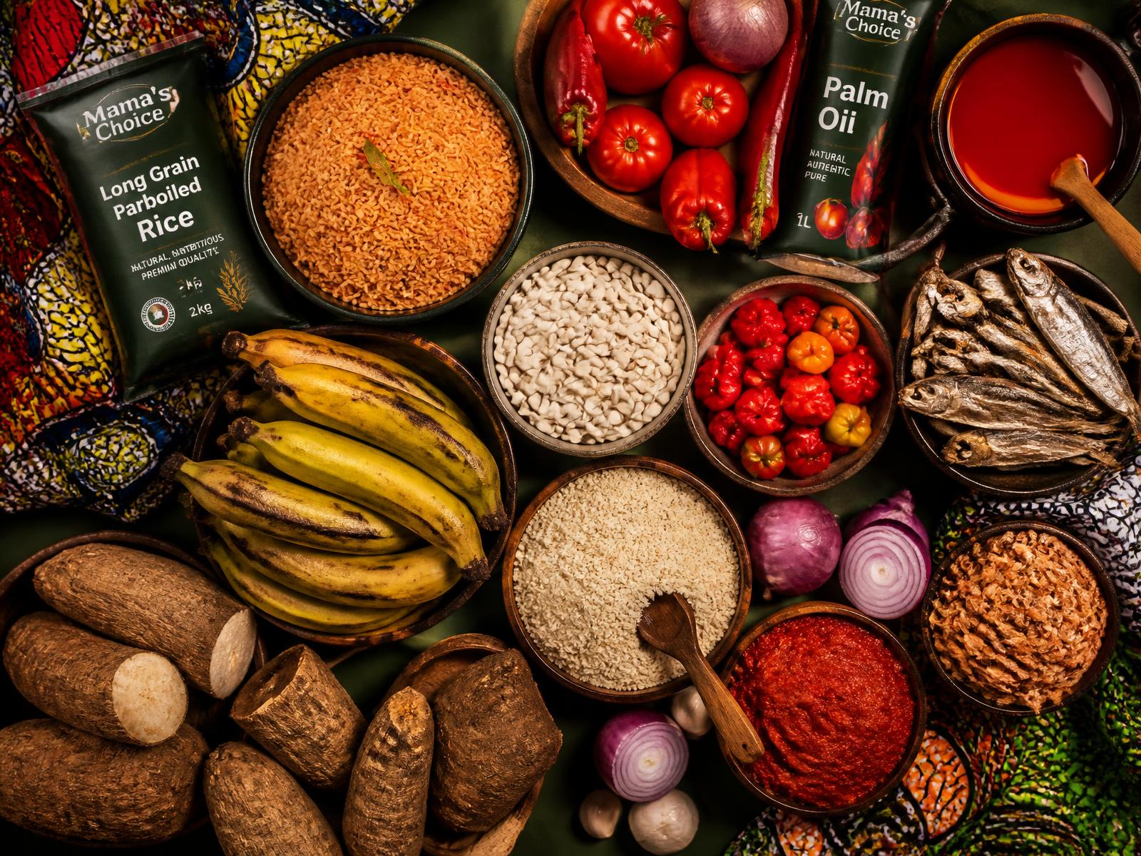 African grocery staples on a market table
